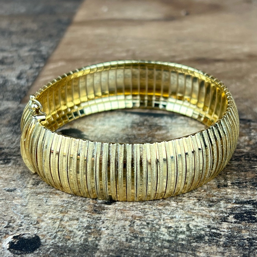 Vintage Ibb Italy Vermeil Gold Over Sterling Wide Ribbed Bangle Bracelet 7.25”